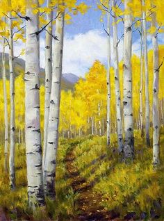 an oil painting of yellow trees in the woods