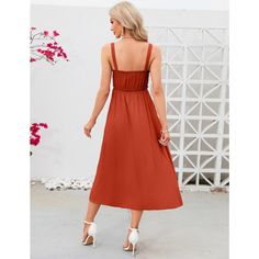 Step into summer with the WhizMax Women's Casual Spaghetti Strap Midi Sundress, a perfect blend of comfort and chic style. This dress is designed to flatter with its A-line silhouette and breezy, lightweight fabric that ensures you stay cool on warm days.

- Material: High-quality, breathable fabric
- Features: Adjustable spaghetti straps, button-down front, ruffled trim, pleated details
- Color: Vibrant Orange
- Size: Small
- Gender: Female
- Age Group: Adult

Ideal for both casual outings and Sleeveless Suspender Dress With Adjustable Straps For Vacation, Sleeveless Suspender Dress For Beach In Solid Color, Summer A-line Suspender Dress For Beach, Sleeveless Sundress With Knotted Straps, Beach Season Sleeveless Suspender Dress With Adjustable Straps, Sleeveless Midi Dress With Adjustable Straps For Vacation, Summer Suspender Dress In Solid Color For Vacation, Sleeveless Dress With Adjustable Straps For Vacation, Summer Suspender Dress For Vacation