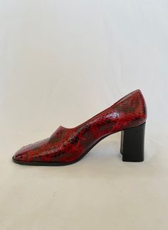 90's Red Snake Print Heeled Loafers Easy Spirit Made in Spain 100% genuine leather Labelled Size 6.5 9" insole 3" heel height Red Leather Shoes With Rubber Sole For Fall, Red Leather Shoes With Leather Sole For Fall, Vintage Red Heels For Fall, Red Leather Shoes For Workwear In Fall, Red Leather Shoes For Fall Workwear, Red Square Toe Heels For Fall, Pointed Toe Loafers With Red Sole, Closed Toe Loafers With Red Sole For Fall, Fall Loafers With Red Sole And Closed Toe