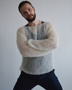 Hello, I'm the one, who won't let you down - ivory mens mohair sweater. I will comfort you, keep you warm and will make you smile. I'm 100% hand made and proud of that. I consist of 70% italian kid mohair and 30% of nylon, which makes me incredibly natural. I'm quite unique as could be worn all year long. I'm available in more than 10 colors. I can be made in any size, upon you request. Upon delivery you will be surprised, as I'm packed in hand made velvet sack with incredible fun instruction. F White Mohair Knitted Sweater, White Mohair Knit Sweater, White Mohair Chunky Knit Sweater, Mohair Sweater Knit, Pull Mohair, Mohair Jumpers, Crochet Men, Hot Sweater, Stylish Sweater