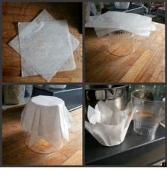 four pictures show different ways to fold tissue paper into cups and napkins on the counter