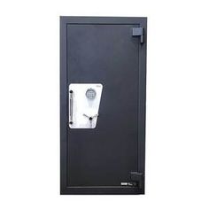 a black and white photo of a safe door