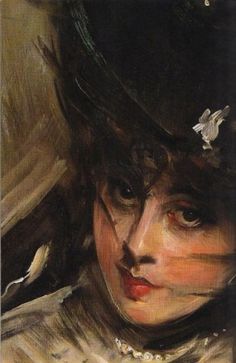 a painting of a woman wearing a black hat