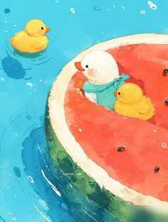 two ducks and one duckling are swimming in a watermelon pool