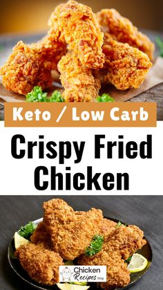 crispy fried chicken on a plate with lemon wedges