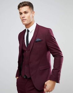 ASOS Skinny Suit Jacket In Burgundy. #Suit #jacket by ASOS, Peak lapels, Single button opening, Ensure its buttoned up for added neatness, Functional pockets, Skinny fit. #mensstyle #mensfashion Prom Attire For Guys, Guys Graduation Outfits, Grade 8 Graduation, Suits For Guys, Graduation Suit, Prom Attire, Graduation Attire, Graduation Suits, Suit Pin