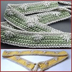 crocheted scarfs are shown in three different colors