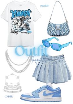 Blue outfit inspiration followed by the style “fly girl“ with a blue graphic t-shirt, blue denim skirt,blue sunglasses,blue nike dunks. Baddie Outfits On Shein, Blue Birthday Fits, Blue Skirt Outfit Black Women, The Fair Outfits, Bday Outfit Ideas For School, Light Jean Skirt Outfit, Outfit Ideas With Denim Skirt, Outfits For 13th Birthday, Birthday Outfits With Skirts