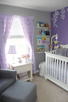 Lavender Girl Nursery Room View. Love the grey and purple together! Purple Baby Rooms, Purple Girls Room, Grey Baby Nursery, Purple Nursery, Girl Nursery Themes, Trendy Baby Nursery, Girl Nursery Room