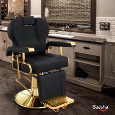 a black and gold barber chair in a bathroom