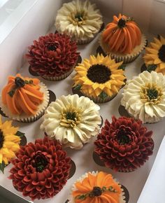 cupcakes decorated with sunflowers and pumpkins are in a white box