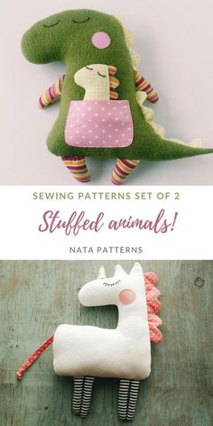 sewing pattern set of 2 stuffed animals with text overlay reading sewing patterns set of 2 stuffed animals