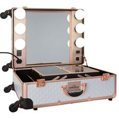 Makeup Travel Case Description Slay anywhere with our SlayCase Pro Makeup Vanity Case! This case comes with everything you'll need from its built-in mirror it the classic Hollywood style light bulbs. Plug in the case to an outlet and power up the lights with the dimmer switch to get that ideal lighting. The case also has a USB port and electrical outlet for powering up your vanity items. This SlayCase comes with stand legs to prop up your vanity set. The legs can be adjusted to the right height Diy Vanity Mirror, Travel Vanity, Hollywood Vanity Mirror, Makeup Vanity Set, Vanity Benches, Impressions Vanity, Makeup Vanity Mirror, Makeup Train Case, Diy Vanity