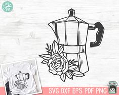 svg coffee pot with roses and leaves on it, next to a t - shirt