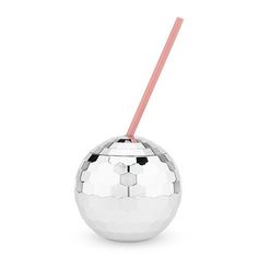 a silver ball with a pink straw in it