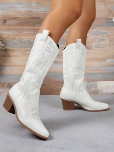 Fashionable Pointed Toe Thick Heel Western Embroidered Boots Cowboy Boots White         Women Shoes, size features are:Bust: ,Length: ,Sleeve Length: Tan Cowboy Boots, Megan Moroney, Angel Halloween, Botas Cowboy, White Cowgirl Boots, White Cowboy Boots, Concert Fit, Knight Boots, Embroidered Boots