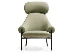 an upholstered chair with black legs and a light green fabric, on a white background