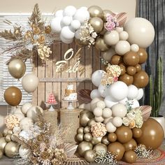 a table topped with lots of balloons and confetti next to a wooden wall