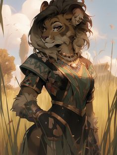 a woman dressed as a lion standing in tall grass with her hands on her hips