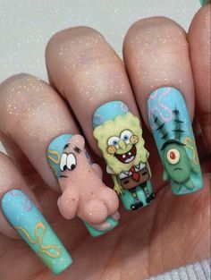 Nail Design Gold, Spongebob Nails, Cartoon Nail Designs, Nails Kids, Disney Acrylic Nails, Crazy Nail Designs, Kutek Disney, Unghie Nail Art, Spring House