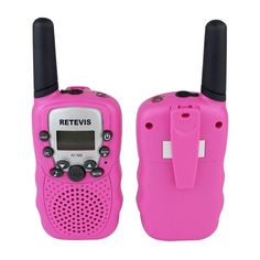 two pink motorola walkie talkies sitting next to each other on a white background