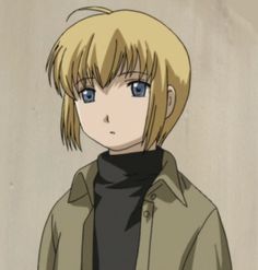 an anime character with blonde hair and blue eyes wearing a black turtle neck sweater, standing in front of a white wall