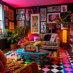 a living room filled with lots of colorful furniture