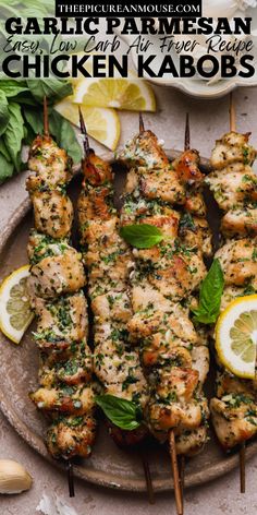 Air fryer chicken kabobs brushed with a homemade garlic parmesan herb butter. Kabobs In The Air Fryer, Garlic Parmesan Chicken Skewers Air Fryer, Air Fryer Garlic Parm Chicken Skewers, Lemon Garlic Parmesan Chicken Skewers, Basil Chicken Kabobs, Lemon Garlic Chicken Kabobs Damn Delicious, Garlic Butter Chicken, Spicy Salmon