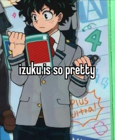 an anime character holding up a book with the words izuki is so pretty