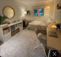 a bedroom with a bed, desk and shelves