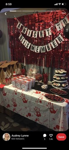 Nightmare On Elm Street Birthday Party, Scary Party Ideas Decoration, Paranormal Theme Party, Diy Spooky Party Decorations, Birthday Halloween Party For Adults, Conjuring Theme Party, Halloween Themed Graduation Party, Horror Film Birthday Party