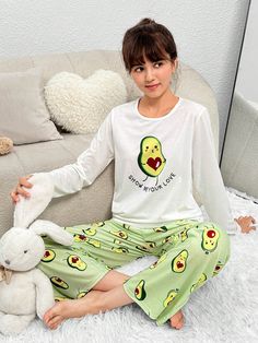 White Cute Collar Long Sleeve  Letter,Fruit&Vegetable Pant Sets Embellished Slight Stretch  Teen Girls Clothing Womens Sleepwear, Pant Sets, Painting Inspo, Girls Pajamas, Teen Girls, Girl Cartoon, Girls Clothing