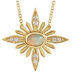 Beautiful starburst celestial necklace features an Ethiopian opal cabochon surrounding by rays of metal. North, south, east & west rays are accented with diamonds. Our opal Boho necklace is a very meaningful gift for anyone born in October as opal is the October birthstone. A unique and beautiful opal pendant in your choice of 14k yellow, rose or white gold and sterling silver. Opal is the birthstone for the month of October. ♡ STONE INFO: 6.00x4.00 MM Standard Cab, Genuine Opal - Oval Cab Ethio North South East West, Celestial Style, Celestial Pendant, Starburst Necklace, Necklace Opal, Golden South Sea Pearls, Celestial Necklace, North South, Sell Gold