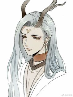 an anime character with long white hair and horns