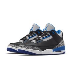 Leather Jordan Shoes With Speckled Midsole For Streetwear, Leather Basketball Shoes With Speckled Midsole, Leather Jordan Shoes With Speckled Midsole For Sports, Mid-top Leather Jordan Shoes With Speckled Midsole, Gray Leather Custom Sneakers With Speckled Midsole, Jordan 3 Blue, Jumpman Logo, Jordan 3 Retro, Retro Sport