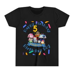 Kids will love this Personalized Robocar Poli Birthday party theme tshirt. It contains all their favorite characters from the show Robocar Poli. This custom Robocar Poli tshirt features in the center, the matching personalized Robocar Poli birthday cake topper that I sell in my store so that your birthday party and theme are all matching. Any child would like this as a gift! This lightweight side-seamed shirt maximizes comfort all day long. The ring-spun cotton makes this kids short sleeve tee p Themed Graphic Print T-shirt For Gift, Themed Graphic Print T-shirt As Gift, Themed T-shirt With Character Print For Gift, Themed Crew Neck T-shirt For Gift, Themed Crew Neck T-shirt As Gift, Fun T-shirt With Character Print For Gift, Themed Black T-shirt Gift, Themed Short Sleeve T-shirt For Gift, Novelty Cartoon Print T-shirt For Birthday