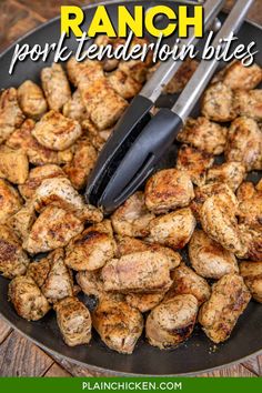 chicken being cooked in a skillet with the words ranch pork tender bites on it