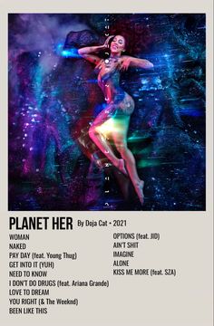 a poster for planet her with an image of a woman dancing in the air and text on