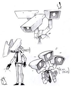 two drawings of people standing next to each other with speakers on their heads and hands in front of them