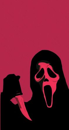 a person with a knife in their hand and a scream mask on his face, standing against a pink background