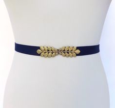 Navy blue velvet elastic waist belt with gold leaf clasp by MissLaceAccessories on Etsy