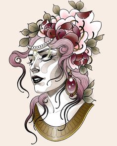 a drawing of a woman with flowers on her head and hair in the shape of roses