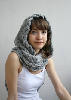 Light Gray Wool Hooded Cabled Long Scarf Cowl by denizgunes Winter Knitting Pattern In Gray, Cozy Gray Winter Knitting Pattern, Winter Cable Knit Pattern One Size, Cozy Gray Knitted Knitting Pattern, Cozy Gray Knitting Pattern, Winter Crochet Knitting Pattern For Cold Weather, Cozy Winter Knitting Pattern With Yarn, Crochet Knitting Pattern For Cold Weather And Winter, Crochet Knitting Pattern For Cold Winter Weather