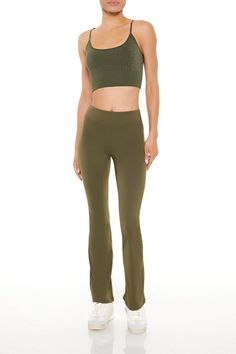 Pair of athletic knit leggings featuring high - rise waist, flare leg, fit that sculpts, lifts, and smooths, breathable and moisture wicking fabric, and seams that lay flat for ultimate comfort. | 80% nylon, 20% spandex | Machine wash cold | Model is 5'9" and wearing Small | Active High - Rise Flare Leggings Green Aerie Leggings, Green Compressive Seamless Yoga Pants, Green Full-length Yoga Pants With 4-way Stretch, Green Seamless Yoga Leggings, Compressive Seamless Green Leggings, Knit Leggings, Flare Leggings, Moisture Wicking Fabric, Lay Flat