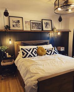 Wood panelling DIY result Headboard Walls In Bedroom, Master Bedrooms Decor Cozy Accent Wall, Western Industrial Bedroom, Moody Bedroom Dark Ceiling, Top Of Chest Decor, Accent Walls With Squares, Backsplash Bedroom Wall, Organic Industrial Decor, Head Of Bed Decor