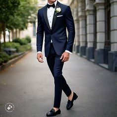 a man in a tuxedo is walking down the street