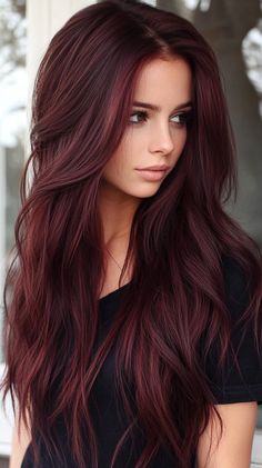 🦋💝 Exquisite Brown Burgundy Hair Dark Fall Hair Colors For Brunettes Long Glamour | Pinterest F... Dark With Red Highlights, Winter 2025 Hair Color Trends, Chocolate Brown Hair With Red Tint, Brown Burgundy Hair, Brunette With Red Highlights, Cherry Brown Hair Color, Burgundy Hair Dark, Trending Dark Hair, Chocolate Cherry Hair Color