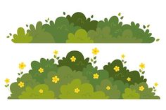 two green bushes with yellow flowers and leaves on the top, bottom and bottom view