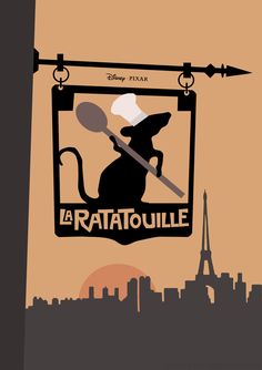 the ratatouille movie poster is hanging in front of a cityscape