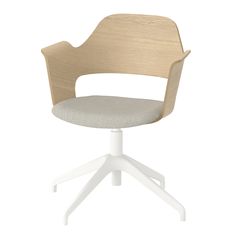 an office chair with a wooden back and seat, on a white base the arm rest is upholstered